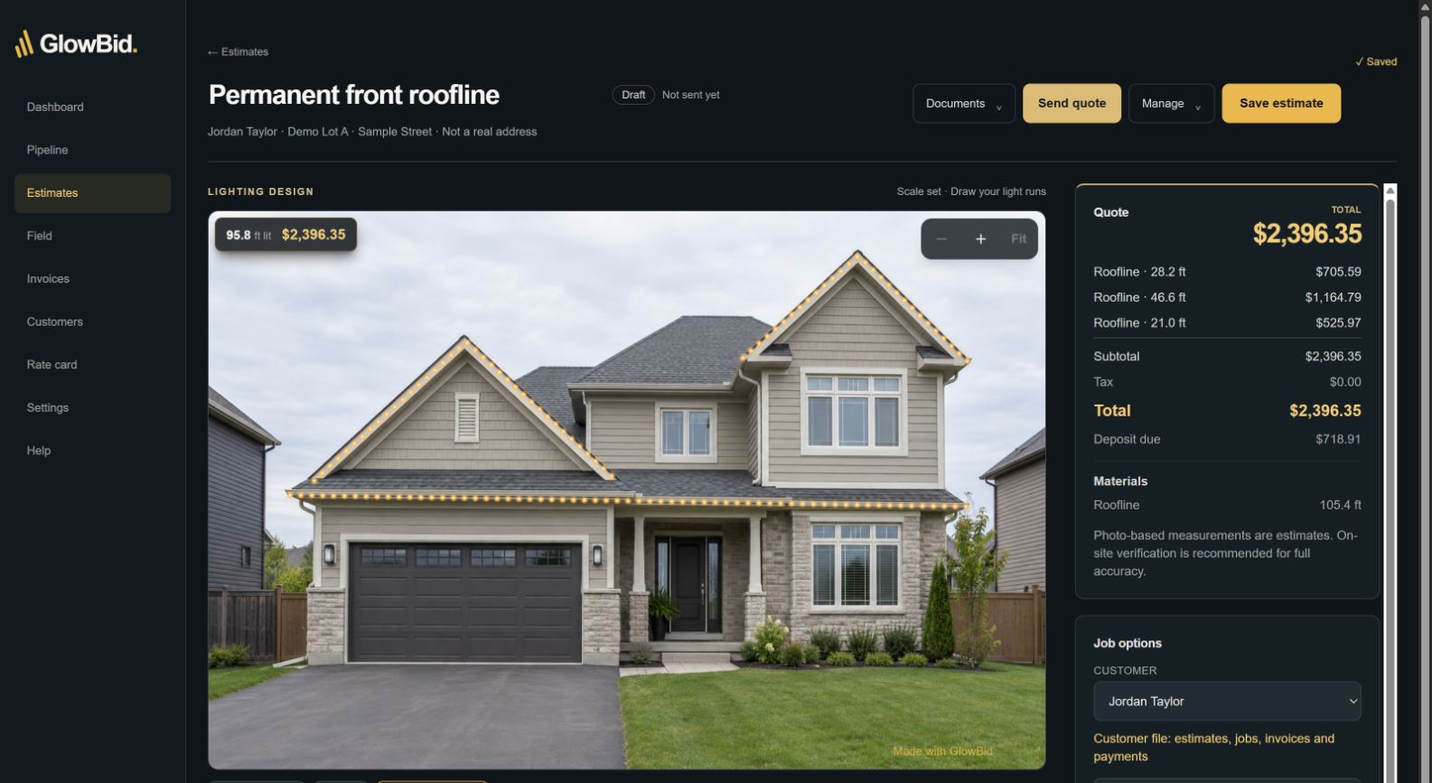 Actual GlowBid estimator with house roofline drawings and quote